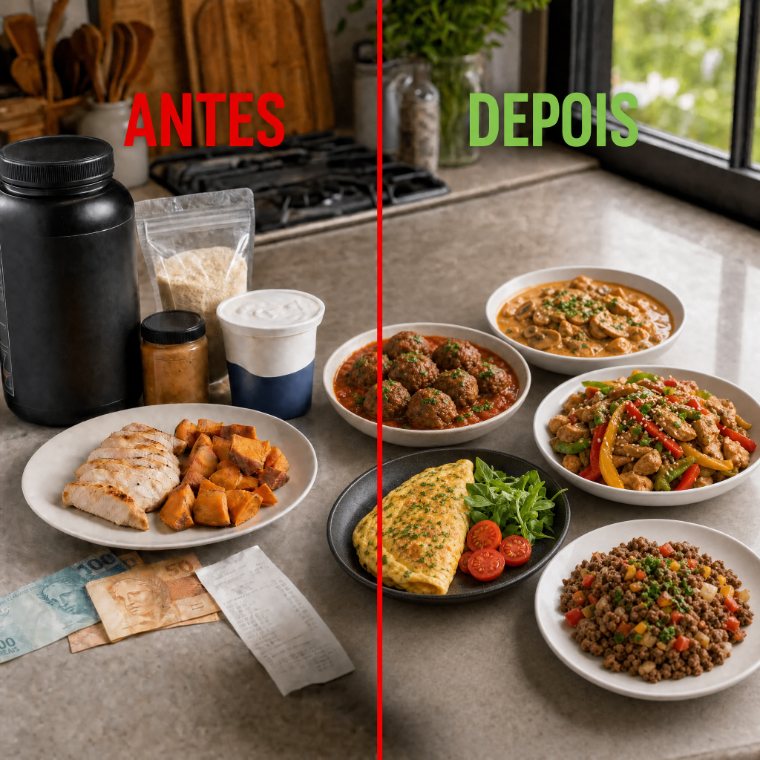 Antes: whey caro, frango com batata-doce e dinheiro no balcão. Depois: pratos proteicos baratos e variados.